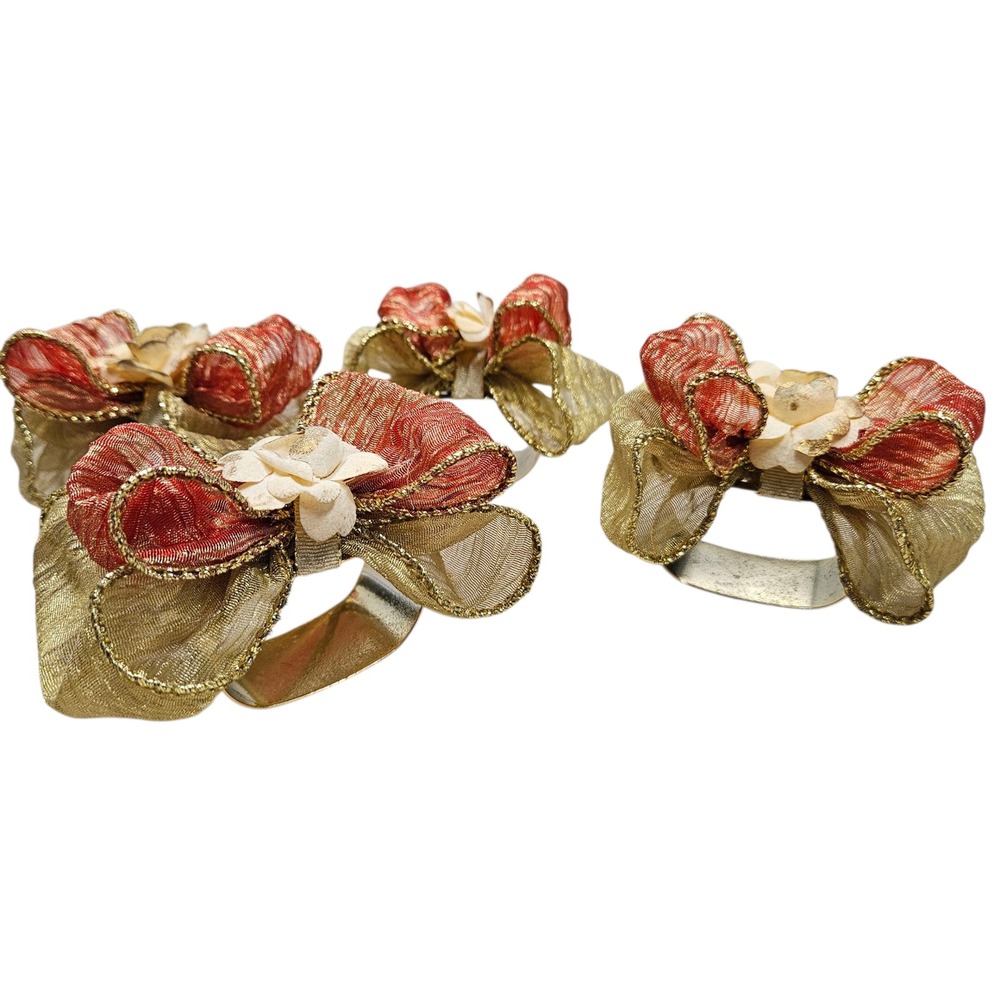 Set of 4 Holiday Napkin Rings Gold and‎ Red Fabric Bow Flower Table Victorian